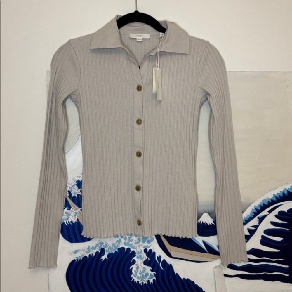 Vince Ribbed Polo-Collar Button-Front Cardigan Top in Salt Glass – Size XXS - Picture 2 of 11